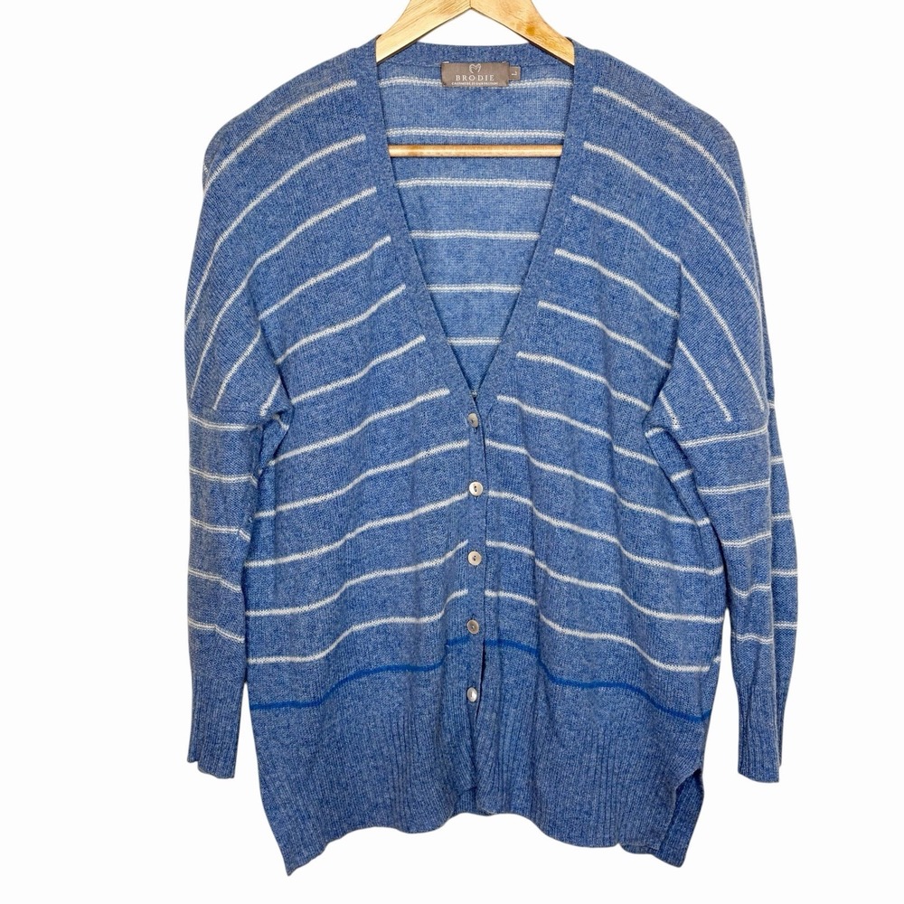 Brodie Striped Cashmere Cardigan Sweater Blue Womens L Preppy Coastal Nautical